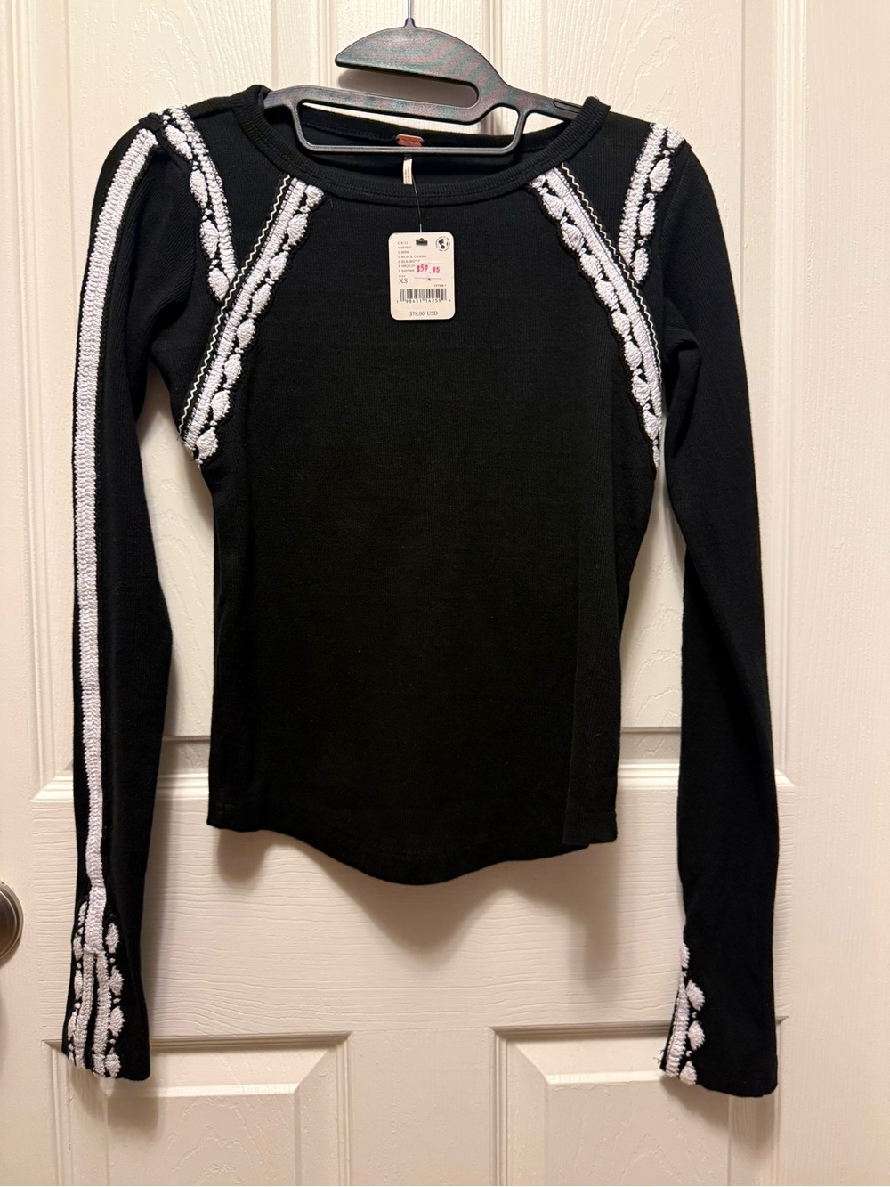 Free People Black Long-Sleeve Knit Top with White Braided Trim